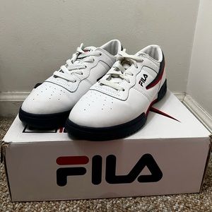 White, Blue, & Red FILA Sneakers